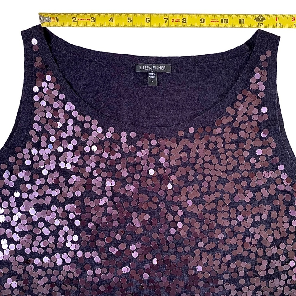 EILEEN FISHER 100% BLACK MERINO WOOL & PURPLE SEQUIN TOP SIZE LARGE - Picture 13 of 16